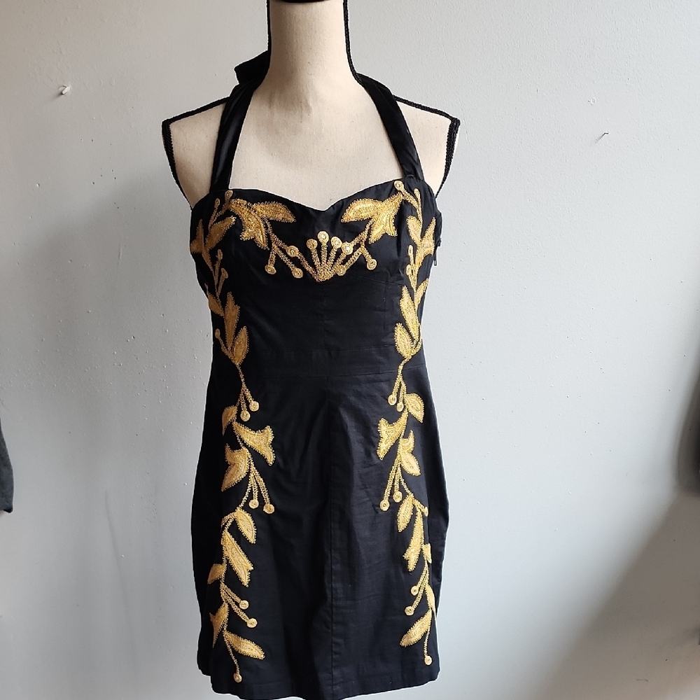 Free People Elegant Black and Gold Halter Dress
